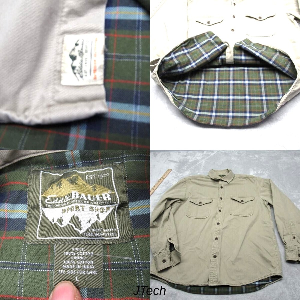 Eddie Bauer Shirt Jacket Mens Large Tan Canvas Plaid Lined Heavyweight Button Up
